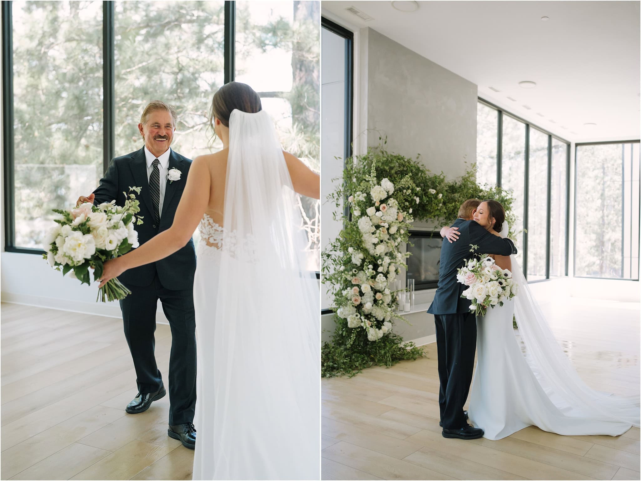 Father and bride first look in Minnesota lake wedding venue